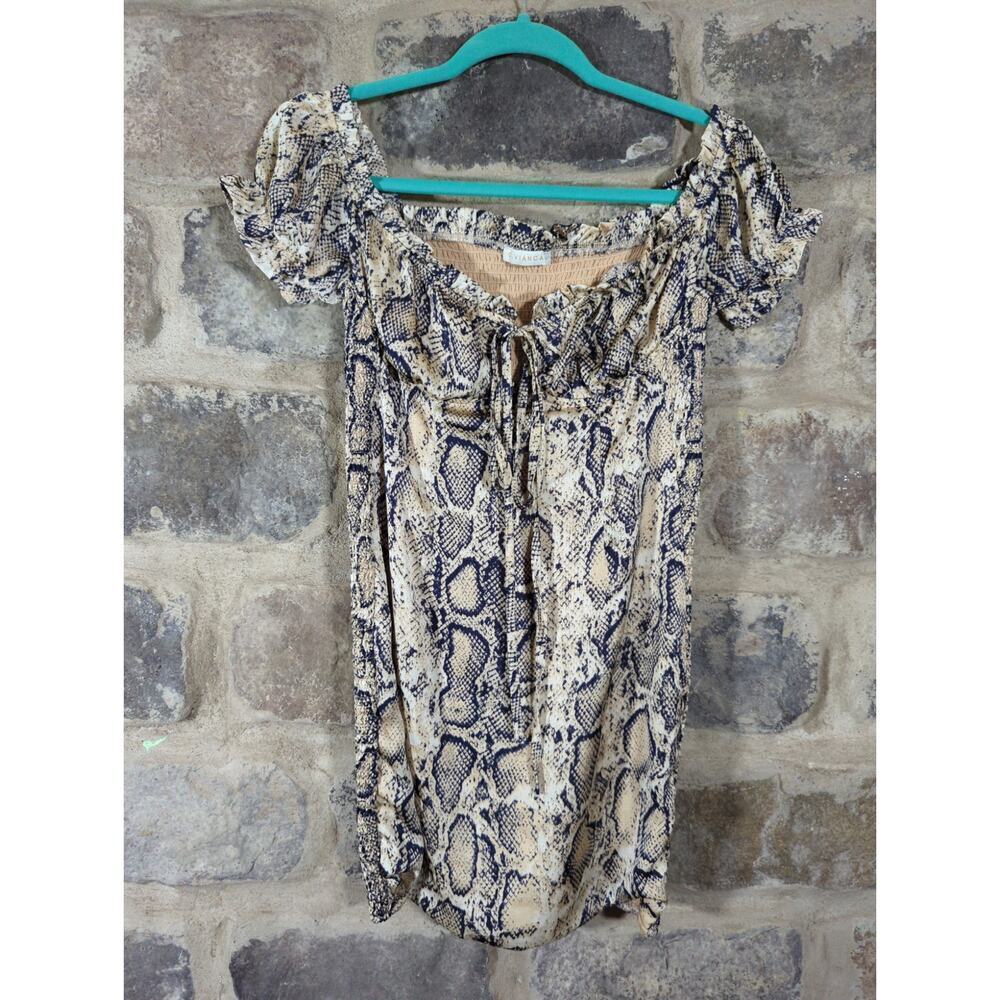 O. Vianca Dress Woman's Medium Tan Blue Python‎ Snake Print Mini Smocked Neutral